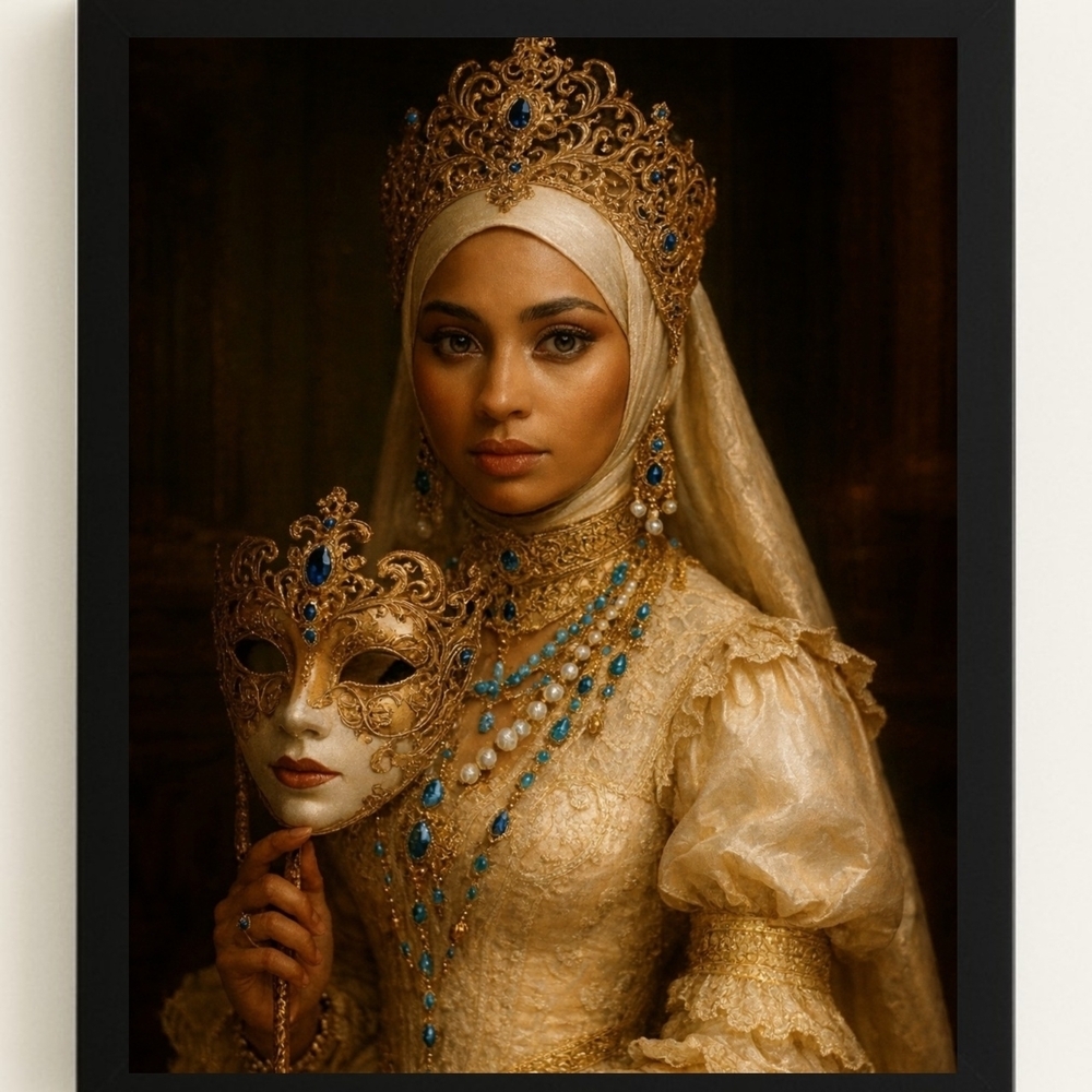 Ornate Gold Attire with Blue Accents In A Glass Front Frame 8x10